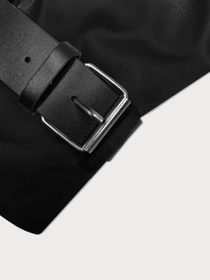 Czarny damski elegancki płaszcz trencz z modnym kołnierzem