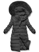 Grafitowy długi zimowy pikowany płaszczyk kurtka z kapturem