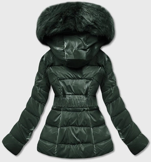 Zielona pikowana zimowa czadowa błyszcząca kurtka z futerkiem