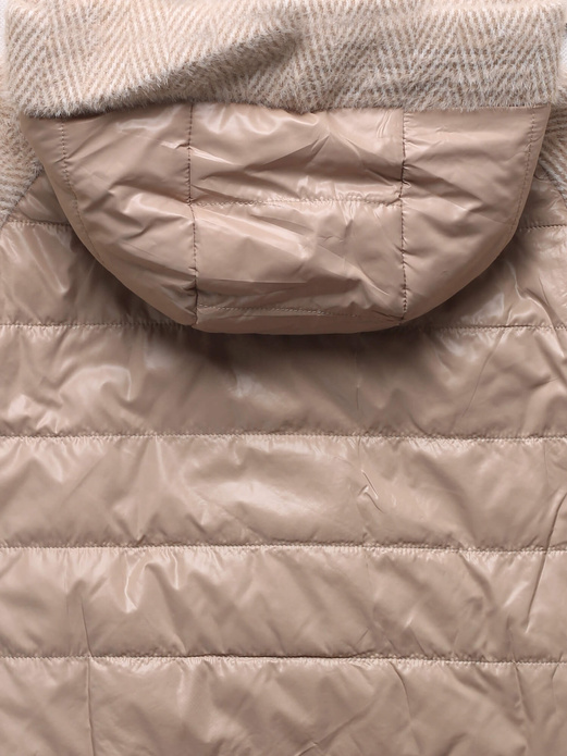 Beżowa kurtka pikowana płaszcz z łączonych materiałów z kołnierzem i kapturem