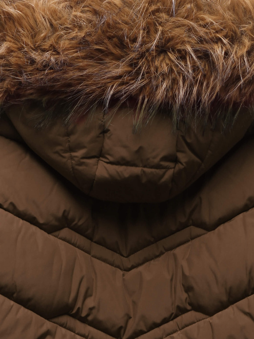 Brązowa unikalna trapezowa zimowa damska kurtka z kapturem