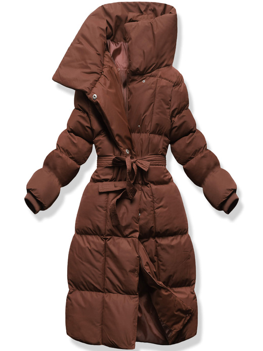 Czekoladowa damska zimowa kurtka z kapitalnym kołnierzem