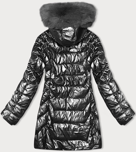 Grafitowa połyskująca taliowana kurtka z kapturem