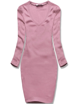 Brudnoróżowa, klasyczna wyszczuplająca, prążkowana sukienka, basic elegance z rękawem 3/4