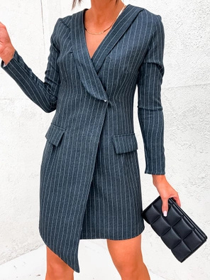 Grafitowa długa elegancka marynarka sukienka w prążki 