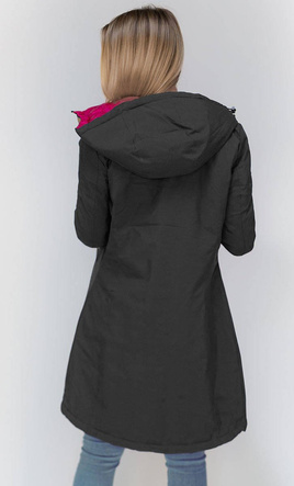 Grafitowo-różowa przejściowa dwustronna damska kurtka z kapturem