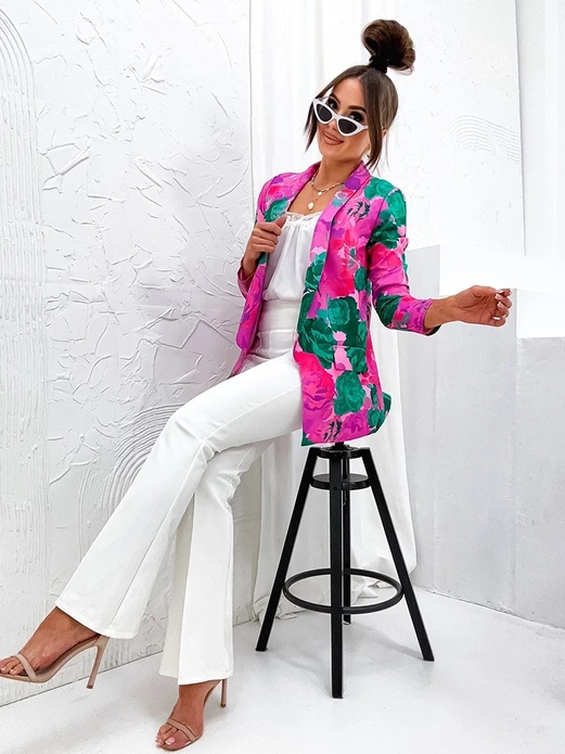 Fuksja zielony damska marynarka żakiet w kwiaty