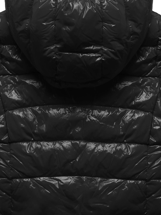 Czarna lakierowana damska zimowa kurtka z kapturem