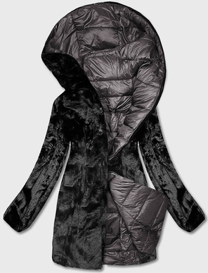 Brązowa długa fantastyczna dwustronna zimowa pikowana kurtka futerko