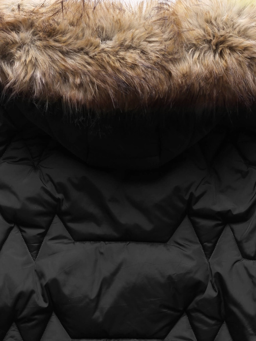 Czarna śliczna trapezowa pikowana zimowa damska kurtka z kapturem