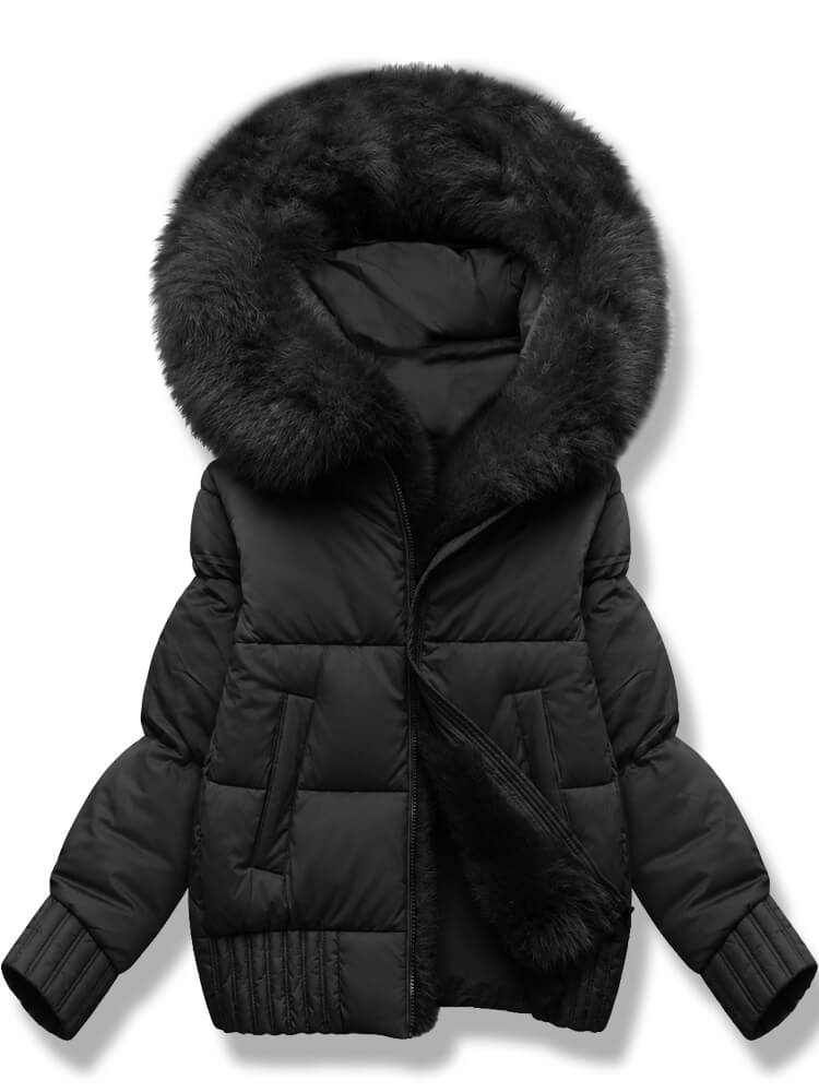 Damska zimowa kurtka puffer z futrzanym kapturem czarna netmoda