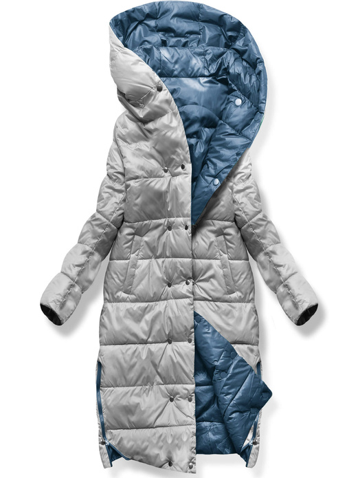 Niebiesko szara dwustronna zimowa damska kurtka z kapturem i paskiem