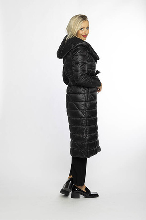 Czarny cudowny długi płaszcz kurtka pikowana z kapturem
