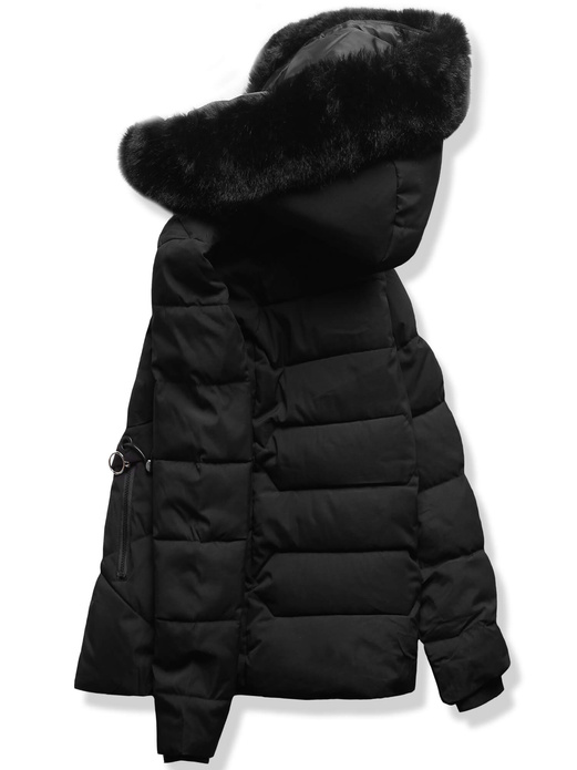 Czarna damska taliowana zimowa damska kurtka z kapturem