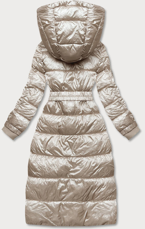 Beżowa zimowa długa kurtka damska płaszczyk z paskiem