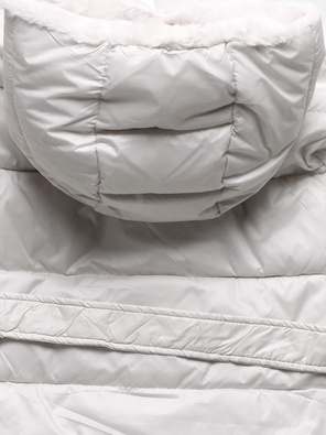 Ecru dwustronny damski pikowany bezrękawnik z kapturem na futrze