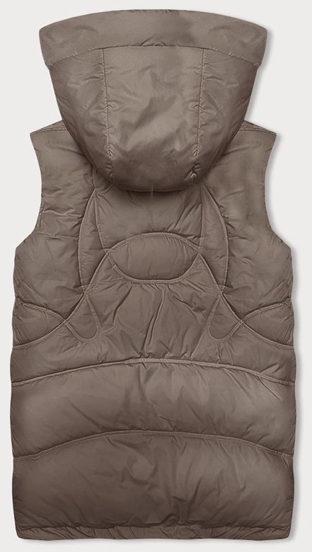 Ciemnobeżowy stylowy pikowany damski bezrękawnik kołnierz kaptur