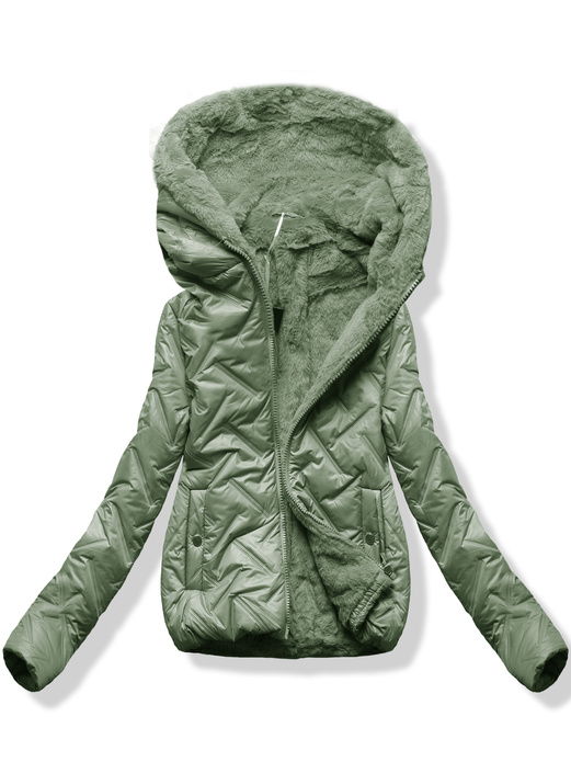 Zielona damska kurtka z kapturem i futerkiem w środku