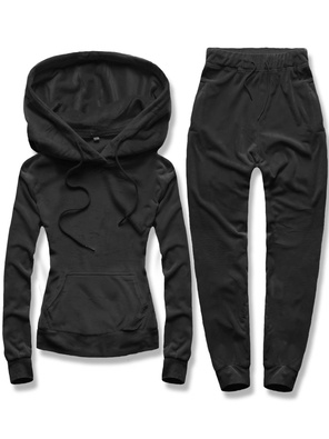 Czarny welurowy gładki dres z kapturem