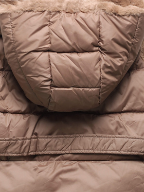 Brązowy dwustronny damski pikowany bezrękawnik z kapturem na futrze