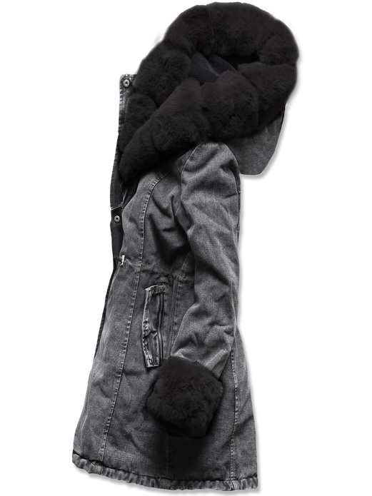 Czarna jeansowa zimowa kurtka płaszczyk futro