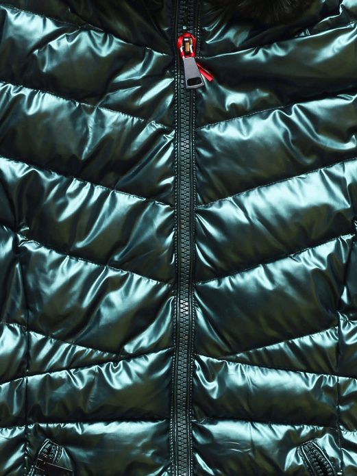 Ciemnozielona błyszcząca kurtka zimowa z kapturem