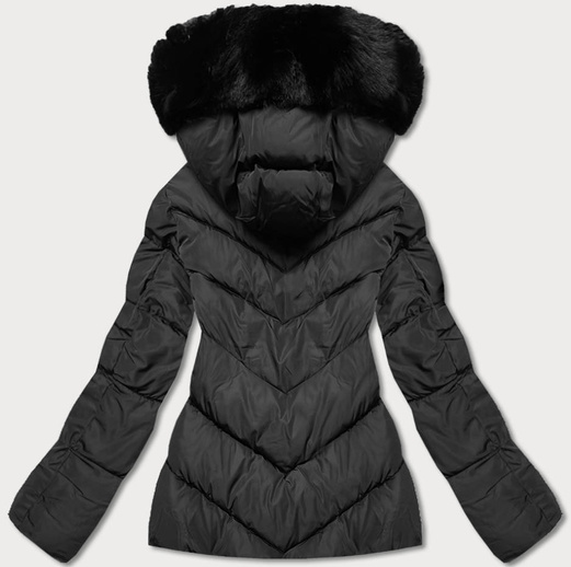 Czarna kapitalna pikowana zimowa kurtka z futerkiem