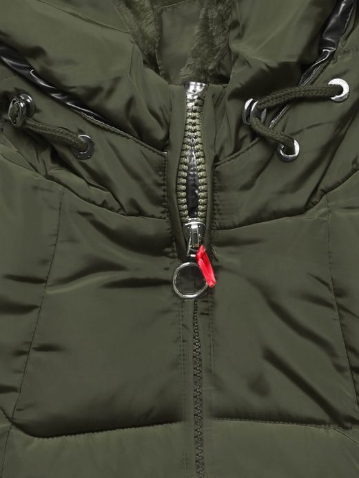 Khaki długa pikowana zimowa kurtka płaszczyk z kapturem srebrna wstawka