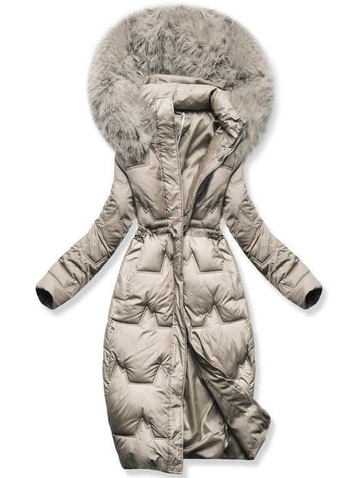 Beżowa długa zimowa unikalnie pikowana damska kurtka z kapturem