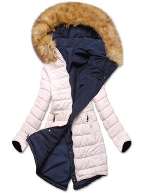 Granatowo beżowa długa dwustronna ciepła kurtka parka z kapturem z odpinanym futerkiem