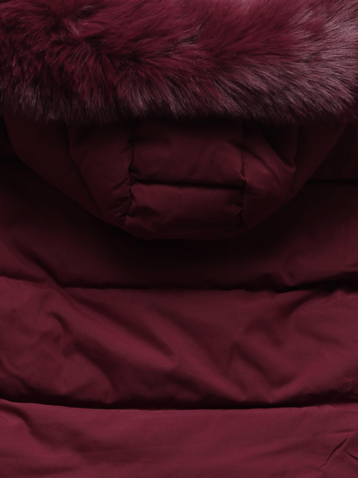 Bordowa zimowa ciepła kurtka pikowana z kapturem