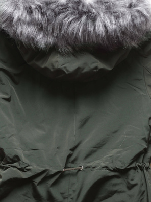 Oliwkowa zimowa ciepła parka na futerku 