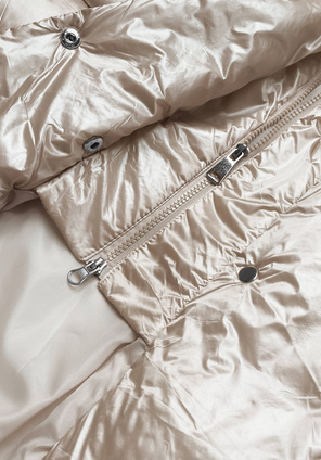 Beżowa zimowa długa kurtka damska płaszczyk z paskiem