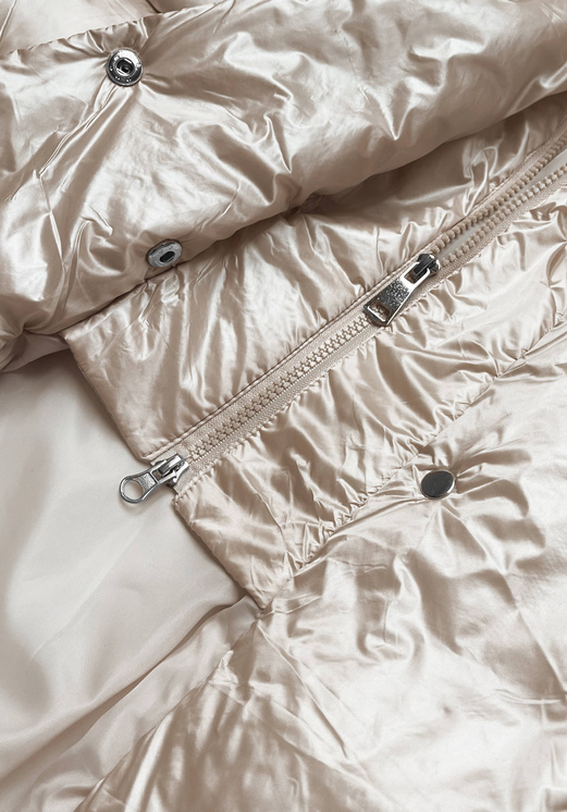 Beżowa zimowa długa kurtka damska płaszczyk z paskiem