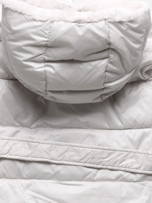 Ecru dwustronny damski pikowany bezrękawnik z kapturem na futrze