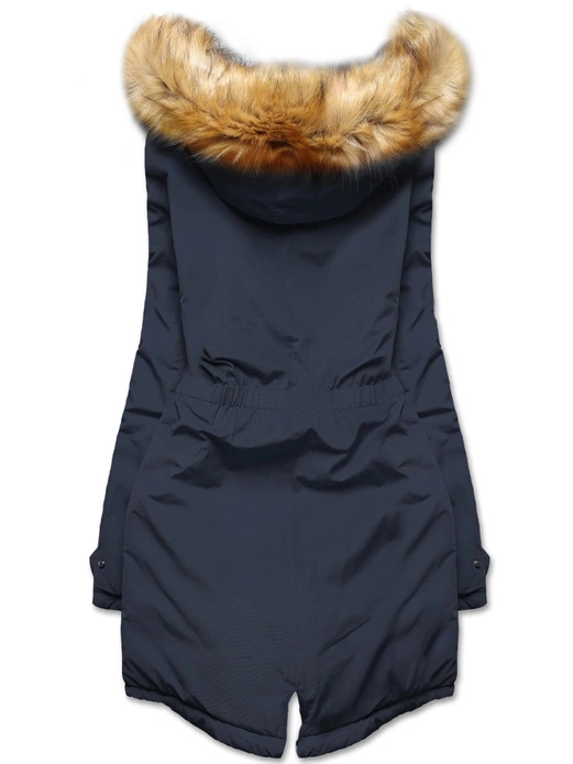 Granatowo beżowa długa dwustronna ciepła kurtka parka z kapturem z odpinanym futerkiem