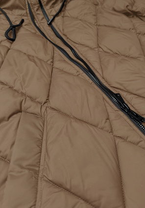 Beżowa długa pikowana w karo ciepła zimowa kurtka damska z kapturem