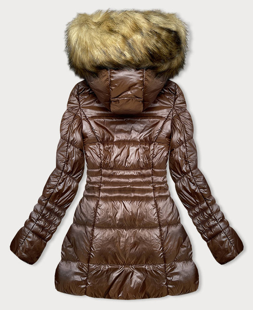 Brązowy długi płaszczyk kurtka zimowa z kapturem