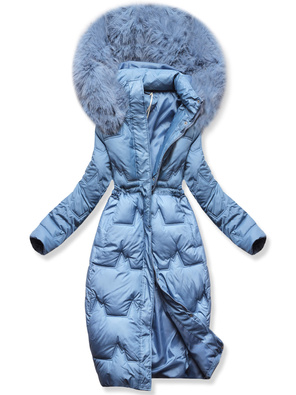 Niebieska długa zimowa unikalnie pikowana damska kurtka z kapturem