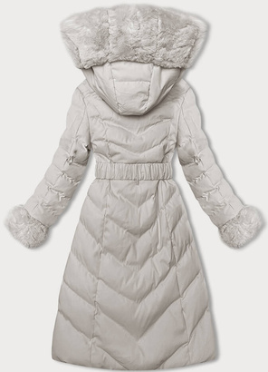 Beżowy długi zimowy płaszczyk z kapturem i paskiem