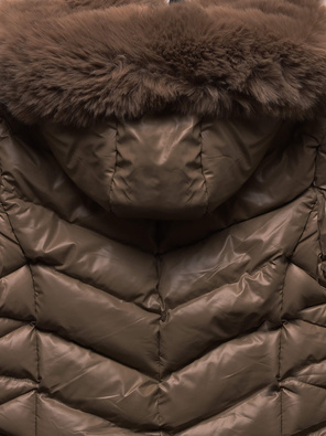 Brązowa zimowa pikowana w jodełkę kurtka płaszczyk z kapturem