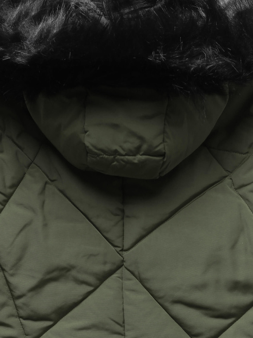 Khaki zimowa pikowana kurtka futro ze srebrną wstawką