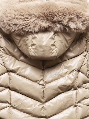 Beżowa zimowa pikowana w jodełkę kurtka płaszczyk z kapturem