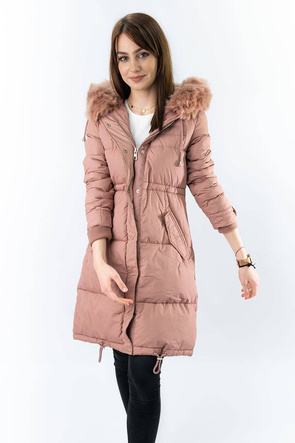 Pudrowa długa ciepła zimowa kurtka damska z kapturem 
