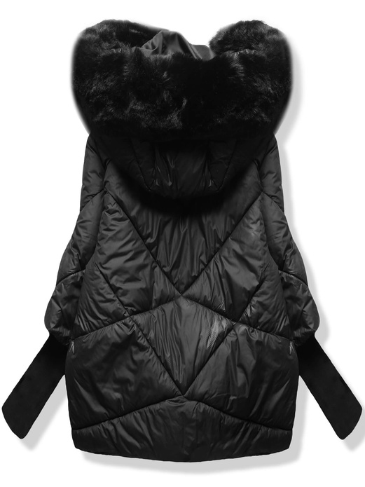 Czarna trapezowa pikowana unikalna kurtka z dzianinowymi rękawami