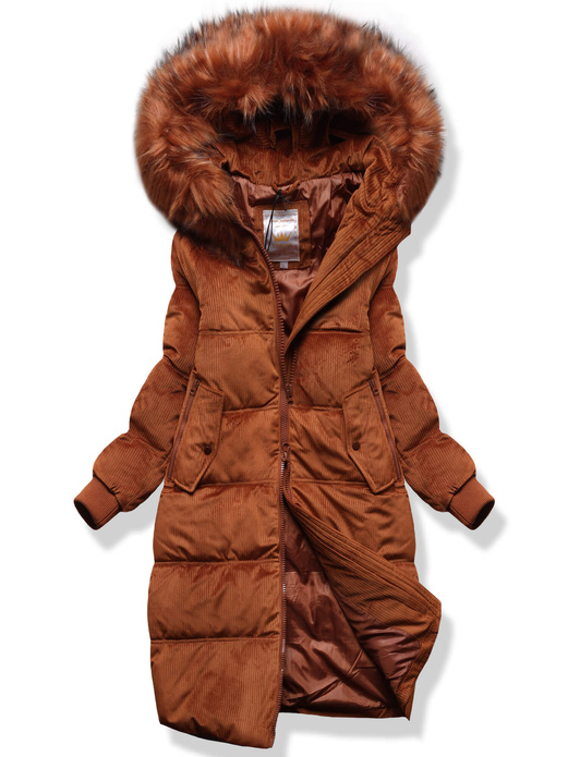 Karmelowa długa zimowa sztruksowa damska kurtka z kapturem