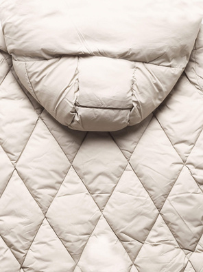 Ecru długa pikowana w karo ciepła zimowa kurtka damska z kapturem