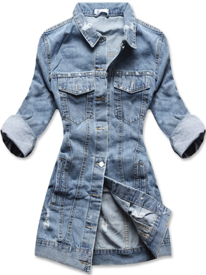 Jeansowa długa damska oversizowa kurtka ze stójką