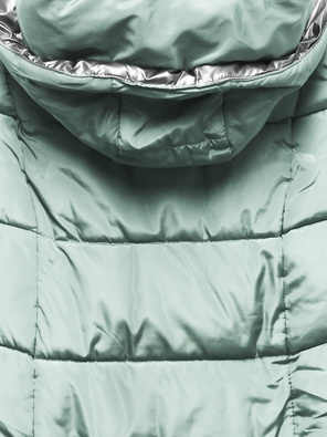 Miętowa długa pikowana zimowa kurtka płaszczyk z kapturem srebrna wstawka