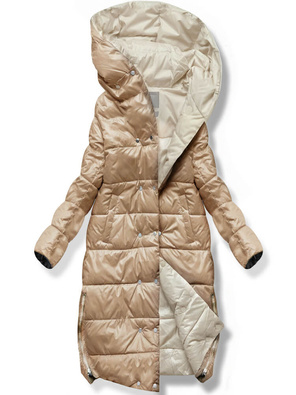 Beżowo brązowa dwustronna zimowa damska kurtka z kapturem